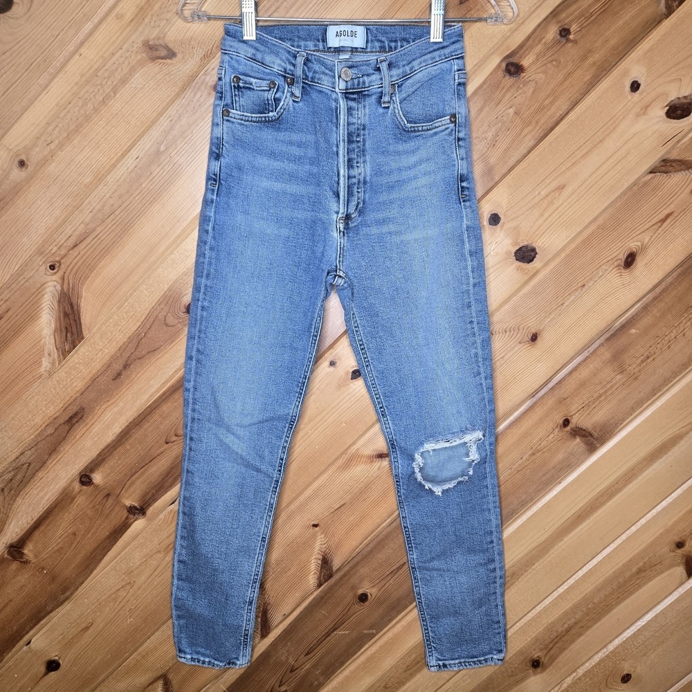 AGOLDE Jeans Women's 24 Nico High Rise Straight Light Wash Frayed Hem Button Fly